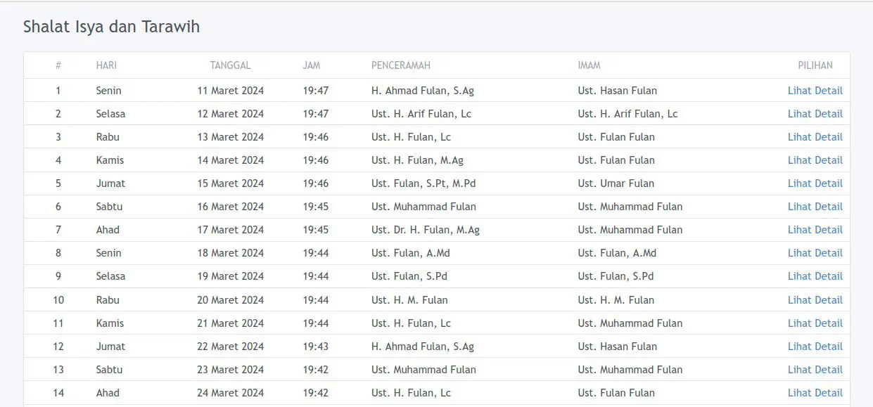 Jadwal Shalat Isya dan Tarawih pada List Pengajian